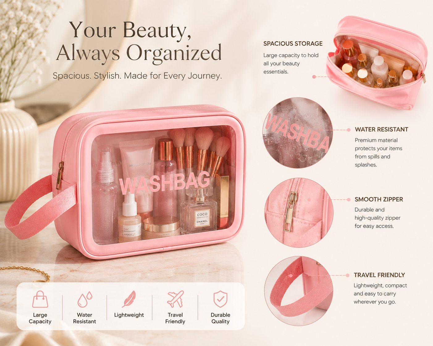 Travel Makeup & Toiletry Organizer – Waterproof Cosmetic Wash Bag